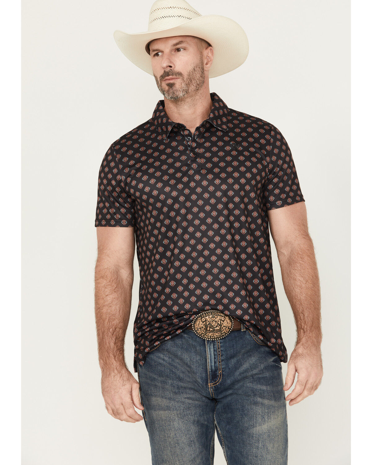 Image #1 - Rock & Roll Denim Men's Southwestern Geo Print Short Sleeve Button-Down Polo, Black, hi-res