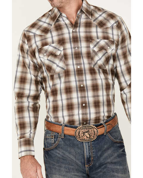 Image #3 - Ely Walker Men's Plaid Print Long Sleeve Pearl Snap Western Shirt, Brown, hi-res