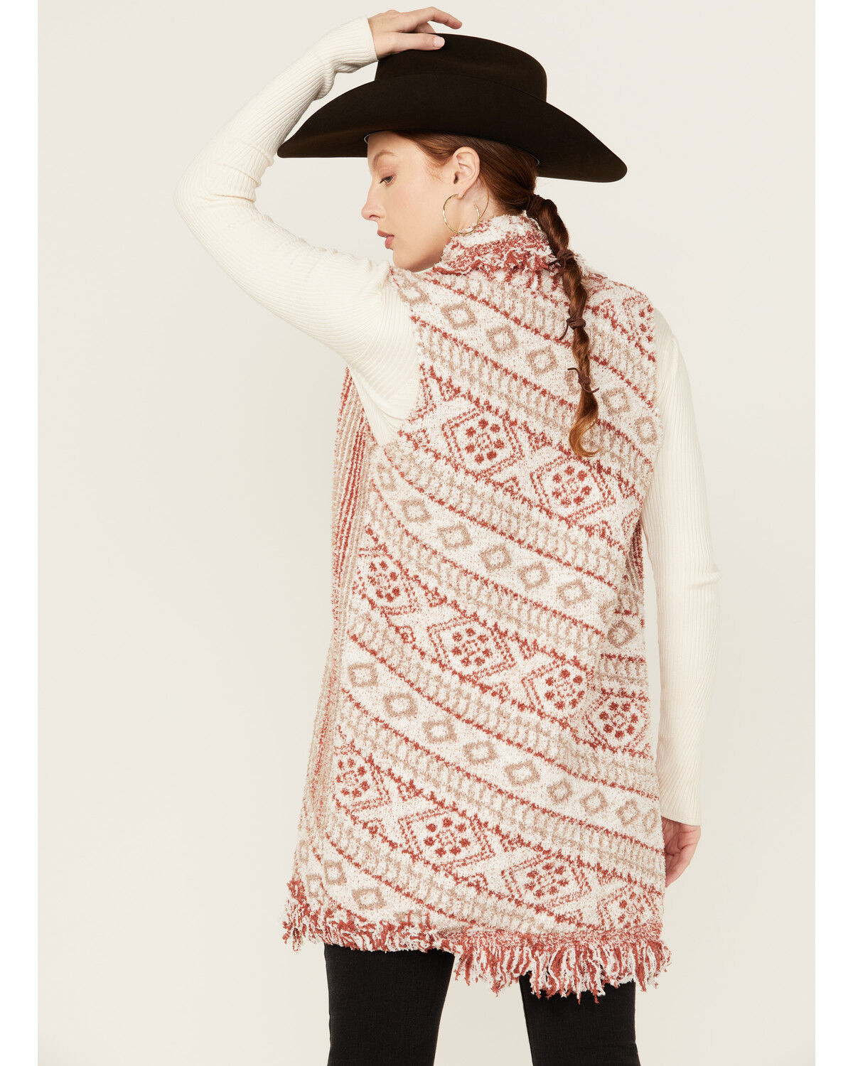 Image #4 - Miss Me Women's Southwestern Print Fringe Long Knit Vest, Red, hi-res