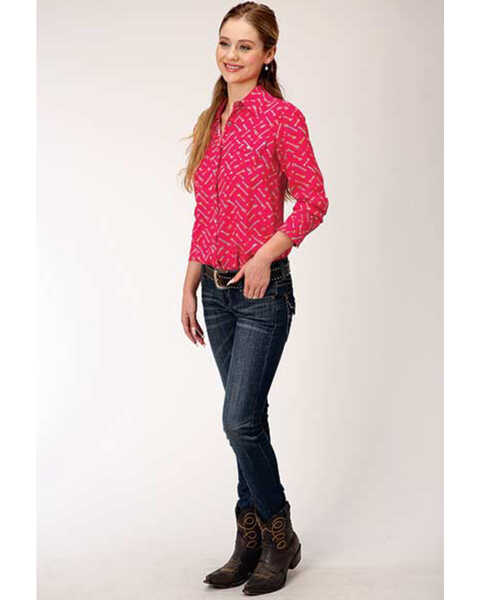 Image #3 - Roper Women's Arrow Print Long Sleeve Snap Western Core Shirt, Dark Pink, hi-res