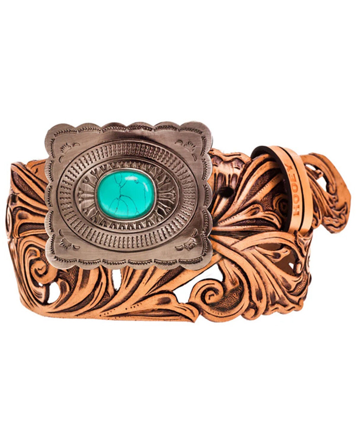 Hooey Women's Cutout Tooled Leather Buckler Belt, Tan, hi-res
