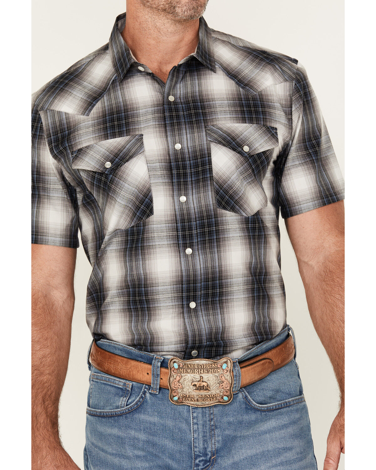 Image #3 - Pendleton Men's Boot Barn Exclusive Frontier Plaid Print Short Sleeve Pearl Snap Western Shirt, Charcoal, hi-res