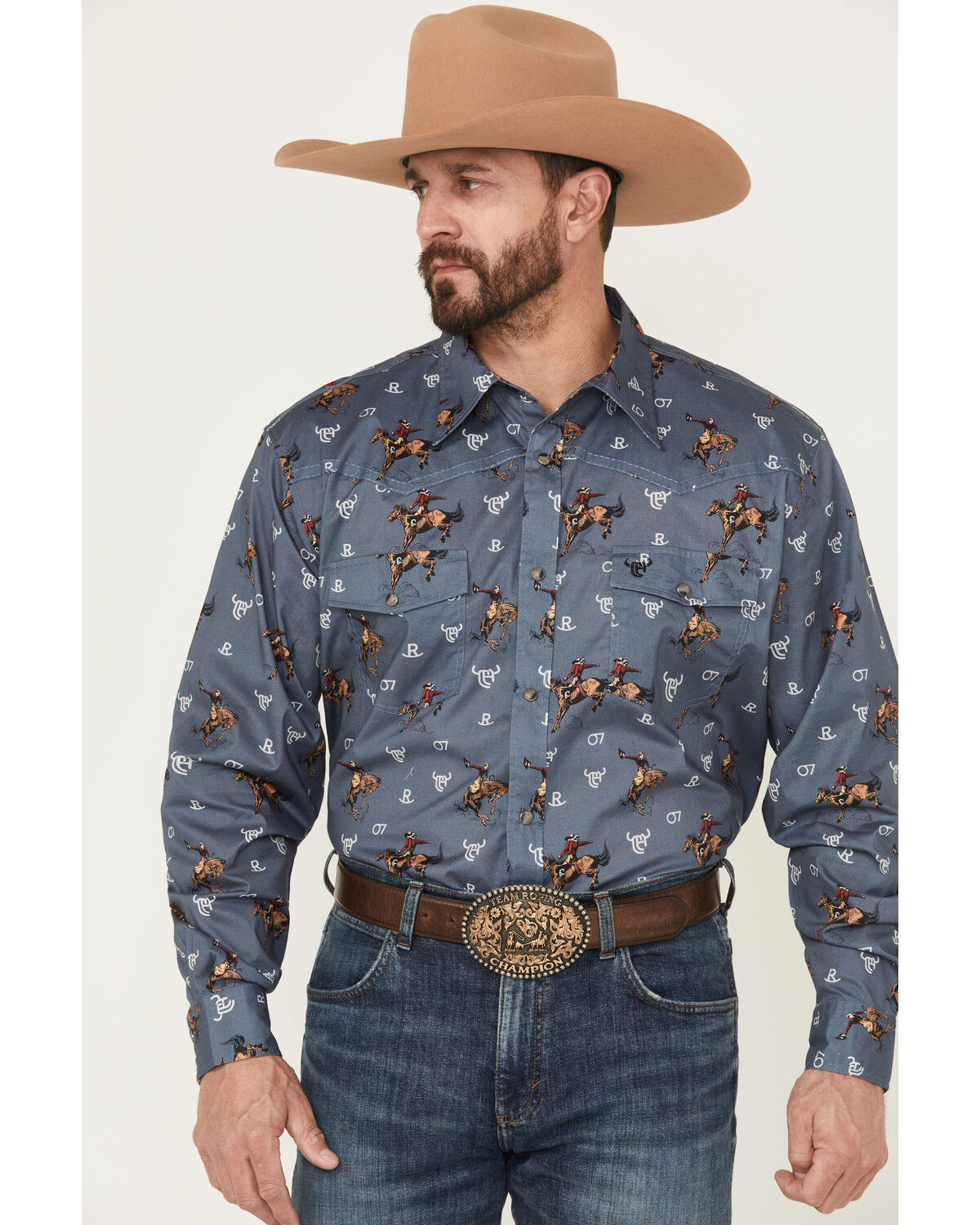 Image #1 - Cowboy Hardware Men's Vintage Bronco Print Long Sleeve Snap Stretch Western Shirt, Slate, hi-res