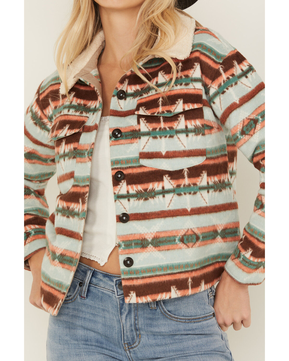 Image #3 - Rock & Roll Denim Women's Southwestern Print Sherpa Jacket, Blue, hi-res