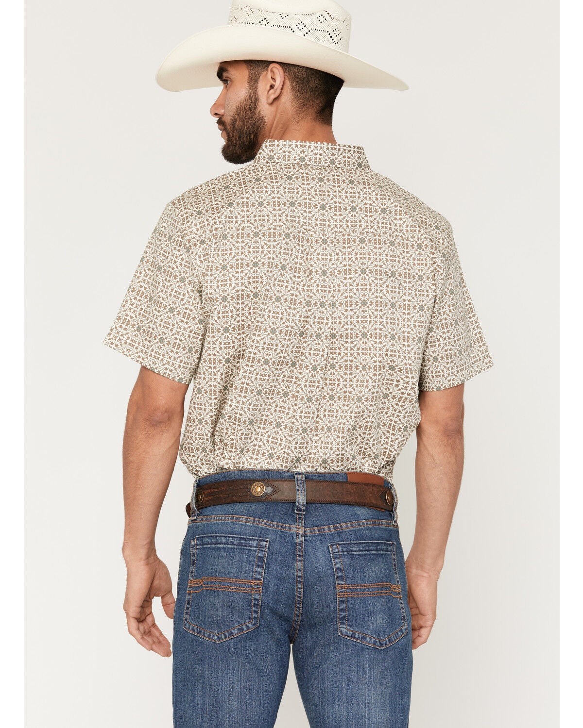 Image #4 - Cody James Men's Mind Trap Geo Print Short Sleeve Button-Down Stretch Western Shirt, Cream, hi-res