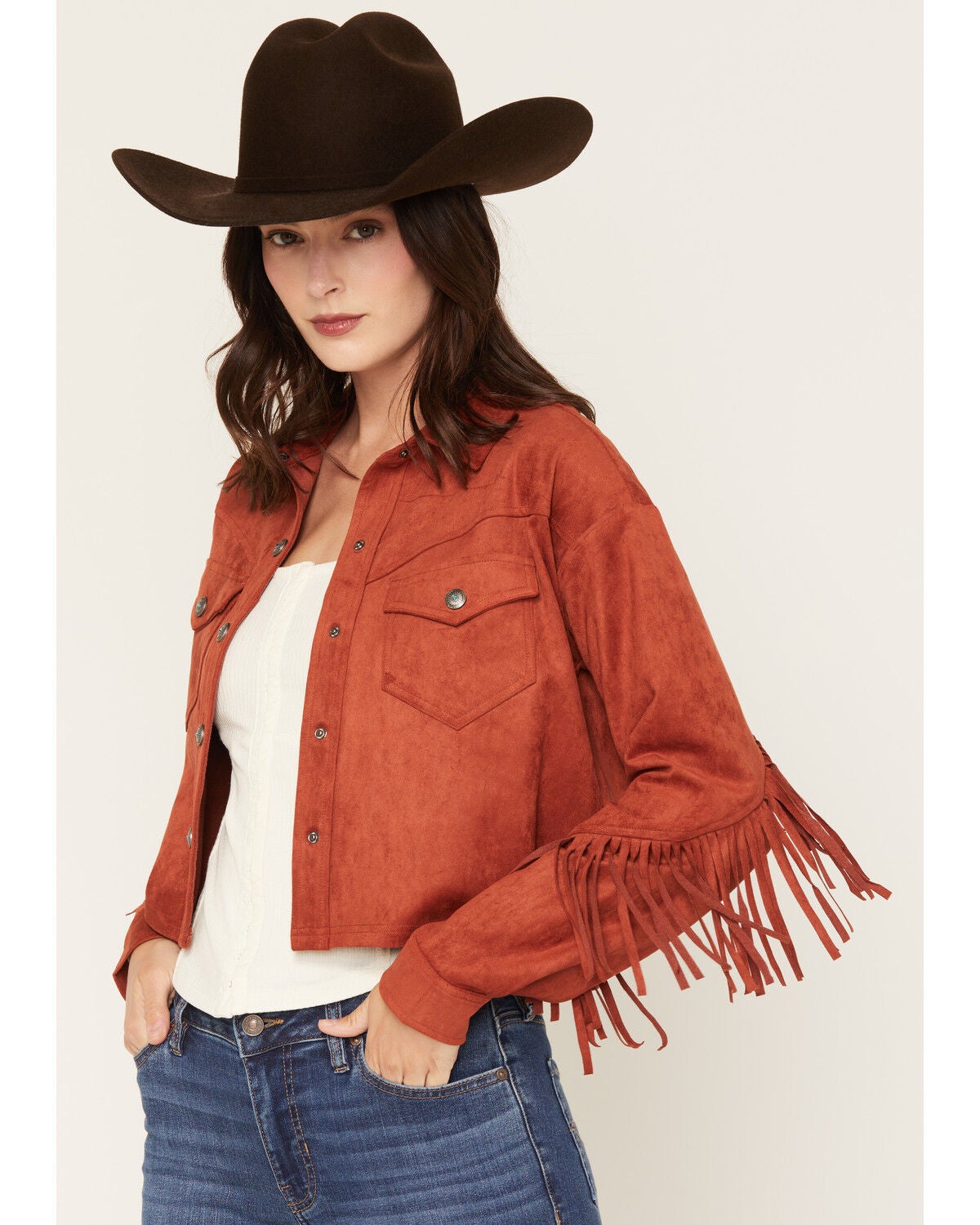 Shyanne Women's Sierra Faux Suede Trucker Jacket, Brick Red, hi-res
