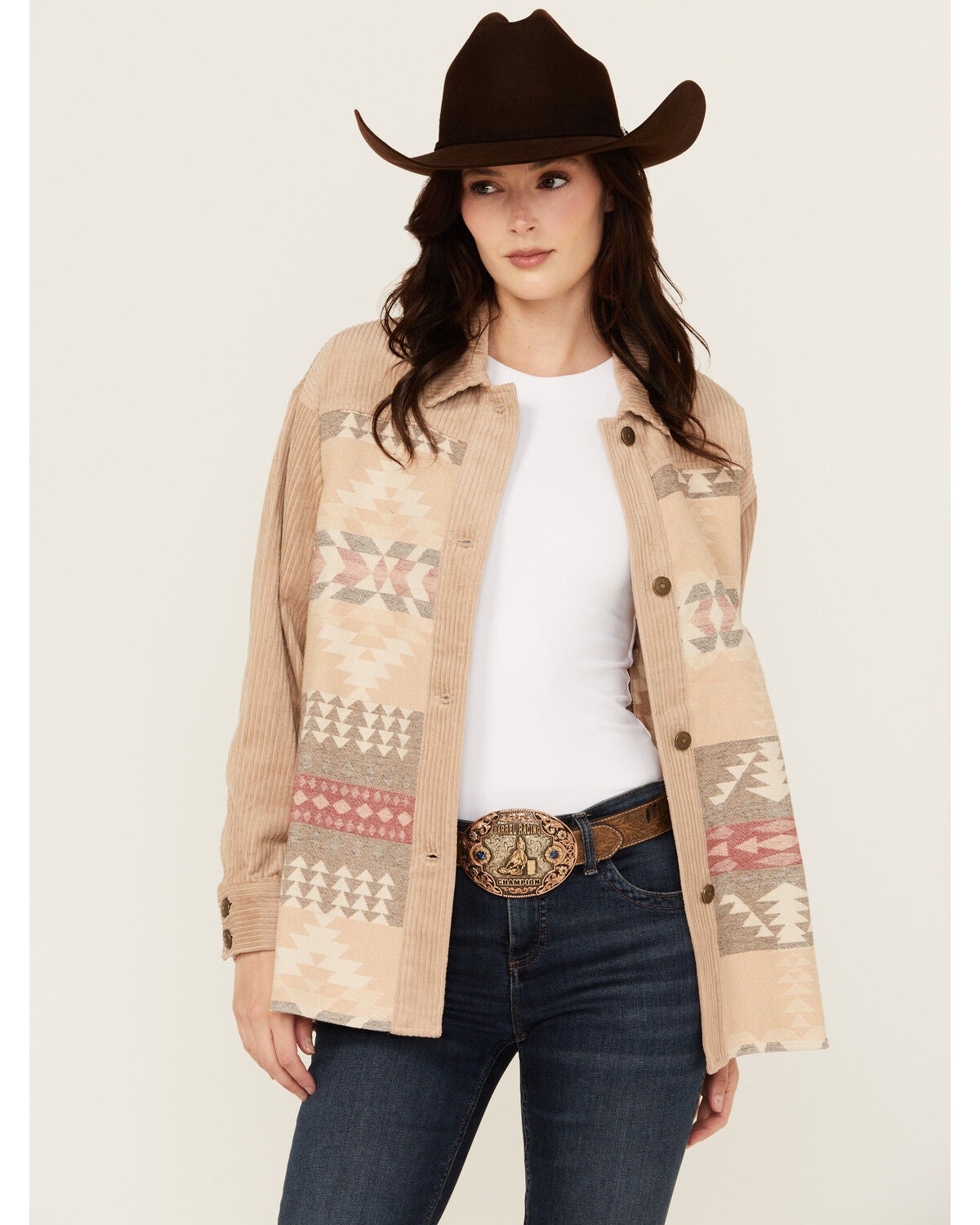 Shyanne Women's Wide Wale Southwestern Print Corduroy Shacket, Beige, hi-res