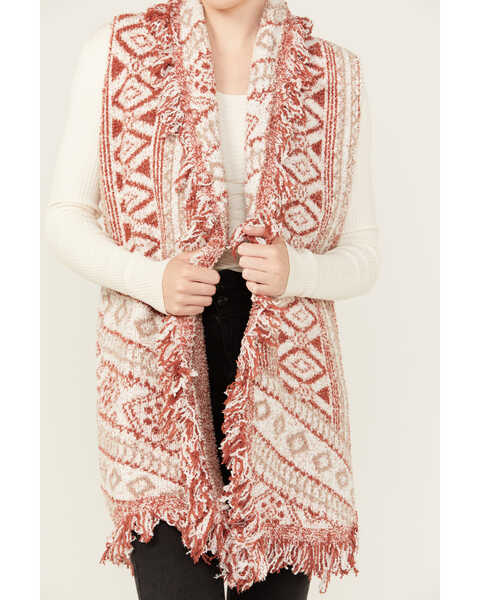 Image #3 - Miss Me Women's Southwestern Print Fringe Long Knit Vest , Red, hi-res