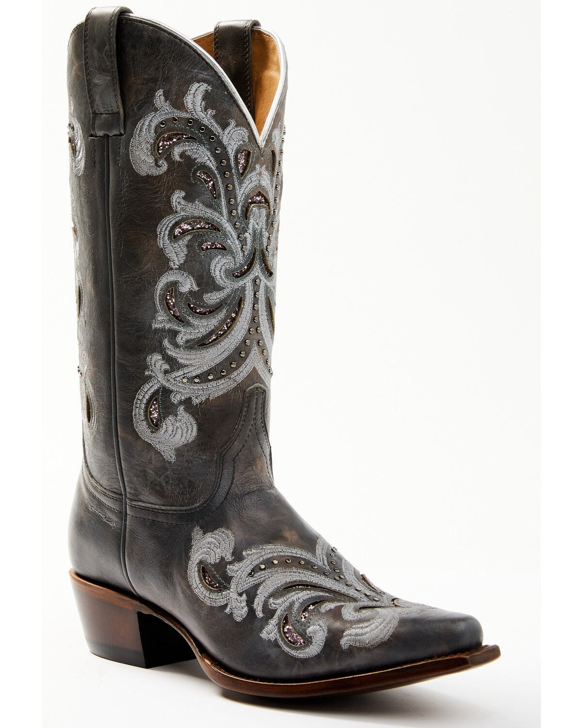Shyanne Women's Iona Floral Studded Western Boots - Snip Toe, Grey, hi-res