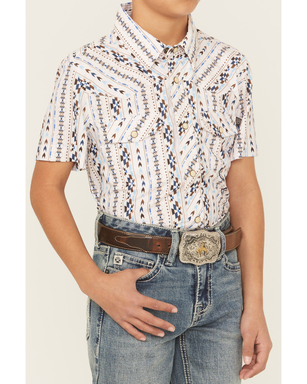 Image #3 - Rock & Roll Denim Boys' Southwestern Print Short Sleeve Button-Down Polo, Ivory, hi-res
