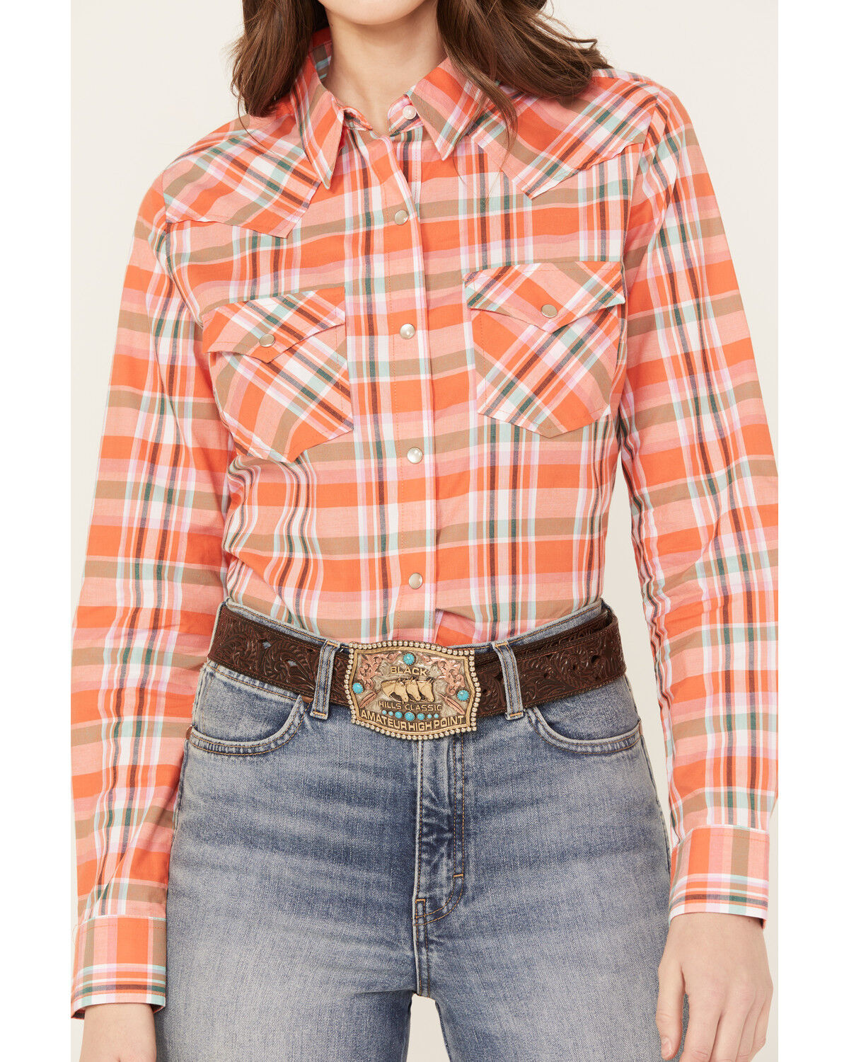 Image #3 - Wrangler Women's Plaid Print Long Sleeve Western Pearl Snap Shirt, Orange, hi-res