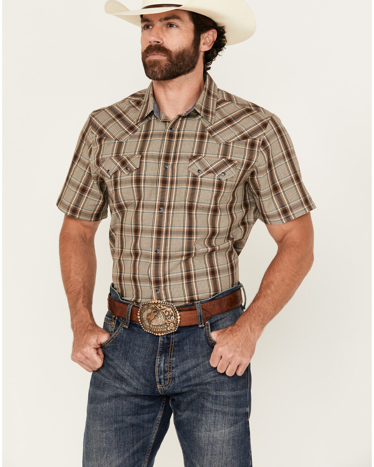 Image #1 - Cody James Men's Poncho Plaid Print Short Sleeve Snap Western Shirt - Tall, Brown, hi-res