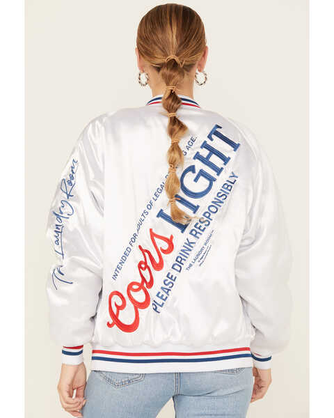 Image #4 - The Laundry Room Women's Faux Satin Coors Light Bomber Jacket , White, hi-res