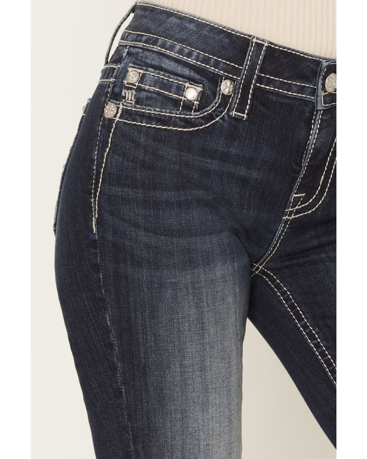 Image #4 - Miss Me Women's Medium Wash Mid Rise Fleur de Lis Pocket 30" Bootcut Stretch Denim Jeans, Medium Wash, hi-res