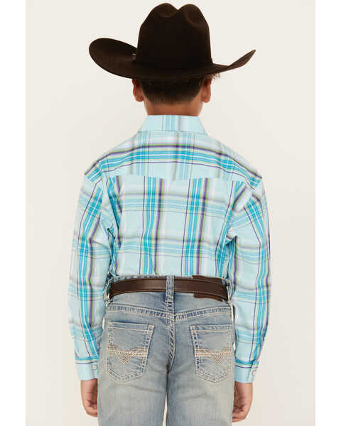 Image #4 - Panhandle Boys' Plaid Print Long Sleeve Pearl Snap Western Shirt, Turquoise, hi-res