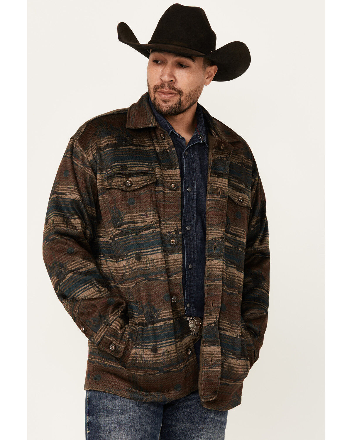 Image #1 - Ariat Men's Caldwell Desert Striped Print Long Sleeve Button-Down Shacket, Brown, hi-res
