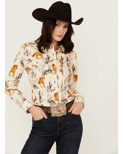 Wrangler Retro Women's Scenic Print Long Sleeve Pearl Snap Western Shirt , Cream, hi-res