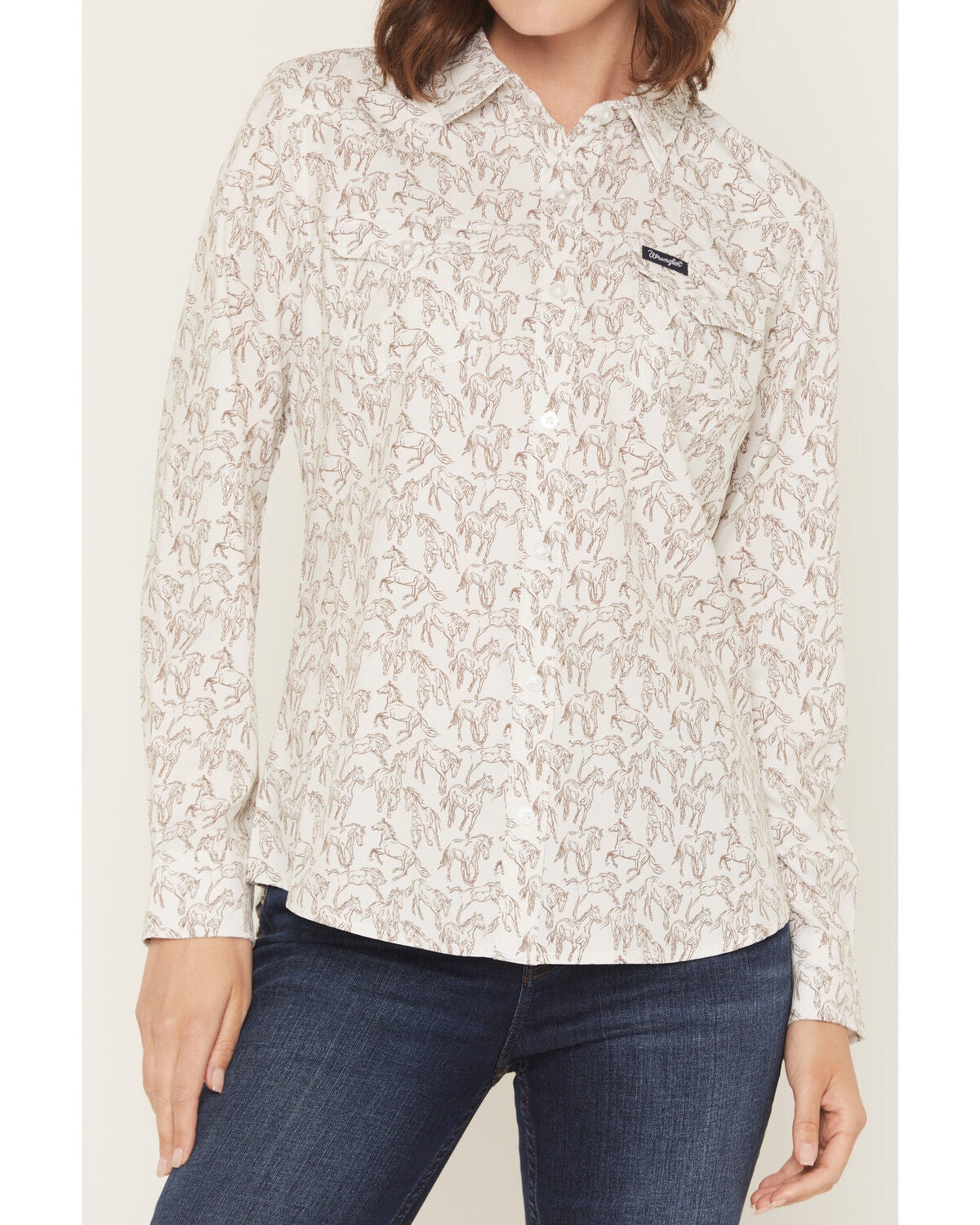 Image #3 - Wrangler Retro Women's Horse Print Long Sleeve Button-Down Performance Western Short, White, hi-res