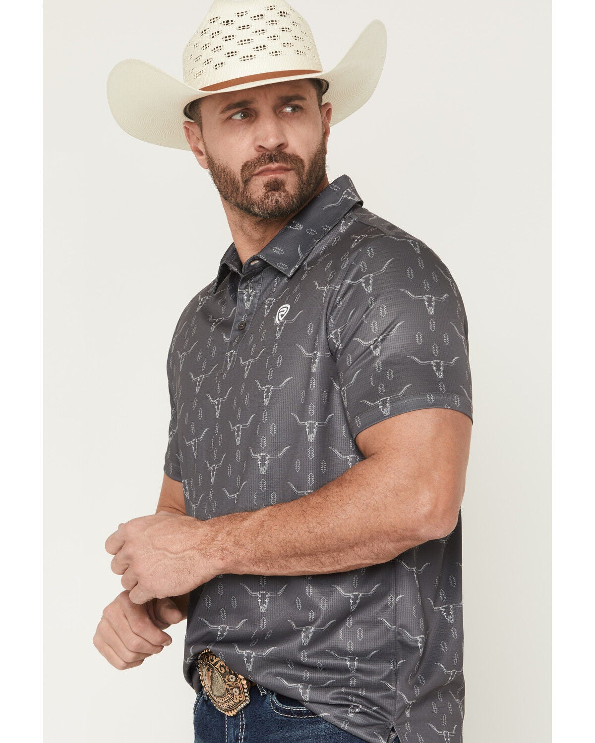 Image #2 - Rock & Roll Denim Men's Steer Skull Print Short Sleeve Button-Down Stretch Polo, Charcoal, hi-res