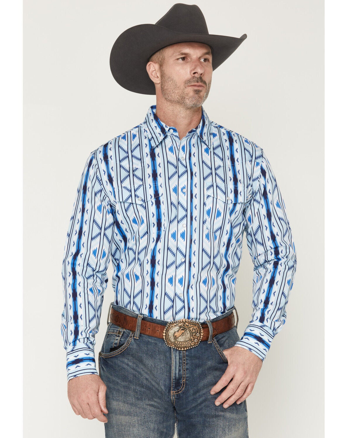 Image #1 - Wrangler Men's Checotah Southwestern Striped Long Sleeve Pearl Snap Western Shirt - Tall, Blue, hi-res