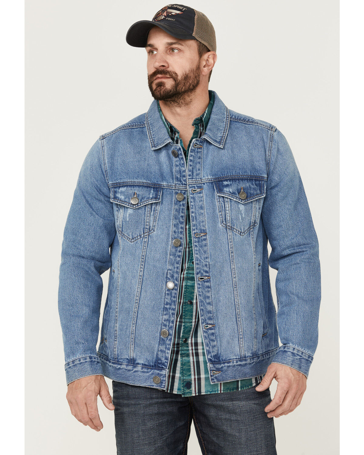 Image #1 - Moonshine Spirit Men's Button-Down Unlined Denim Trucker Jacket, Medium Wash, hi-res
