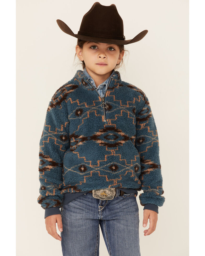 Rock & Roll Denim Girls' Southwestern Sherpa Pullover Sweater, Blue, hi-res