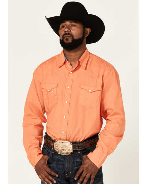 Image #1 - Roper Men's Poplin Long Sleeve Pearl Snap Western Shirt , Orange, hi-res