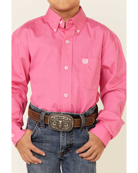 Cinch Boys' Hot Pink Long Sleeve Shirt, Pink, hi-res