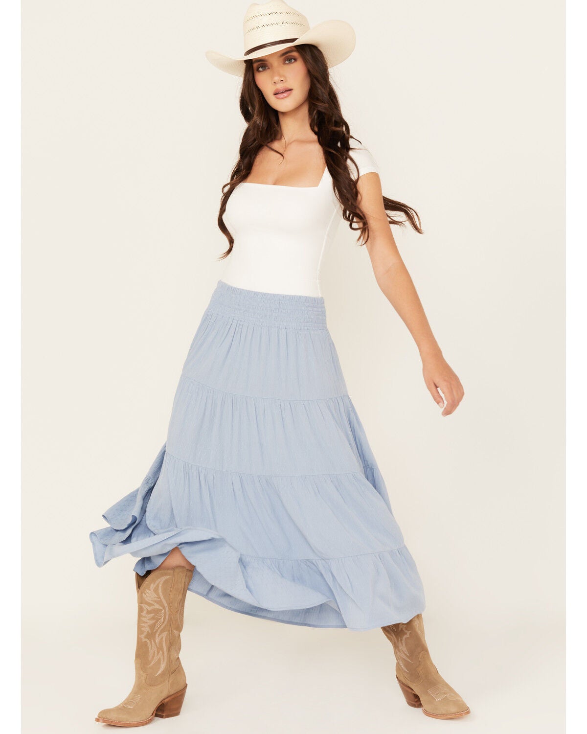 Wild Moss Women's Tiered Midi Skirt, Light Blue, hi-res