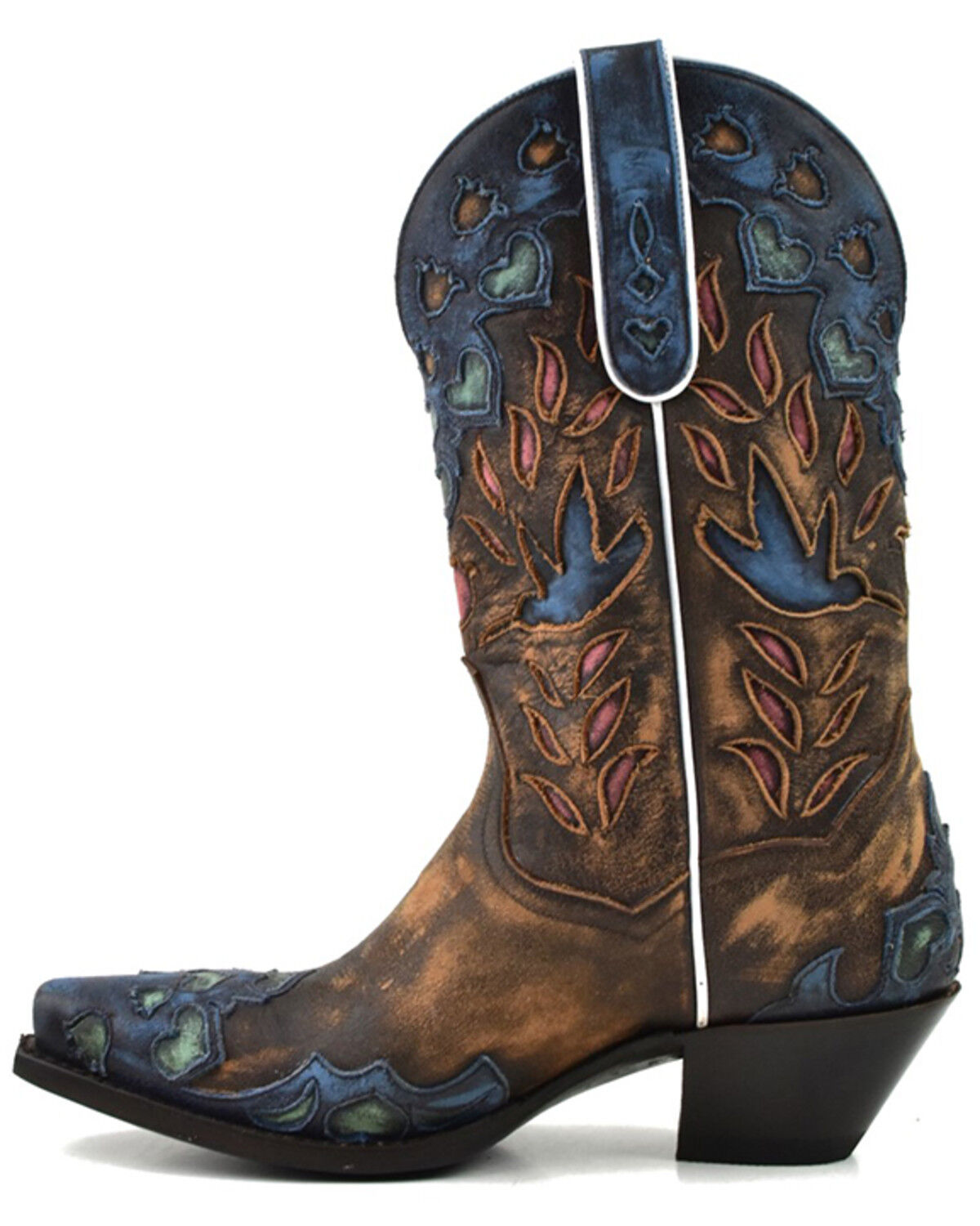 Image #3 - Dan Post Women's Humming Bird Heart and Floral Inlay Western Boots - Snip Toe, Orange, hi-res