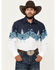 Image #1 - Panhandle Men's Southwestern Border Print Long Sleeve Pearl Snap Western Shirt, White, hi-res