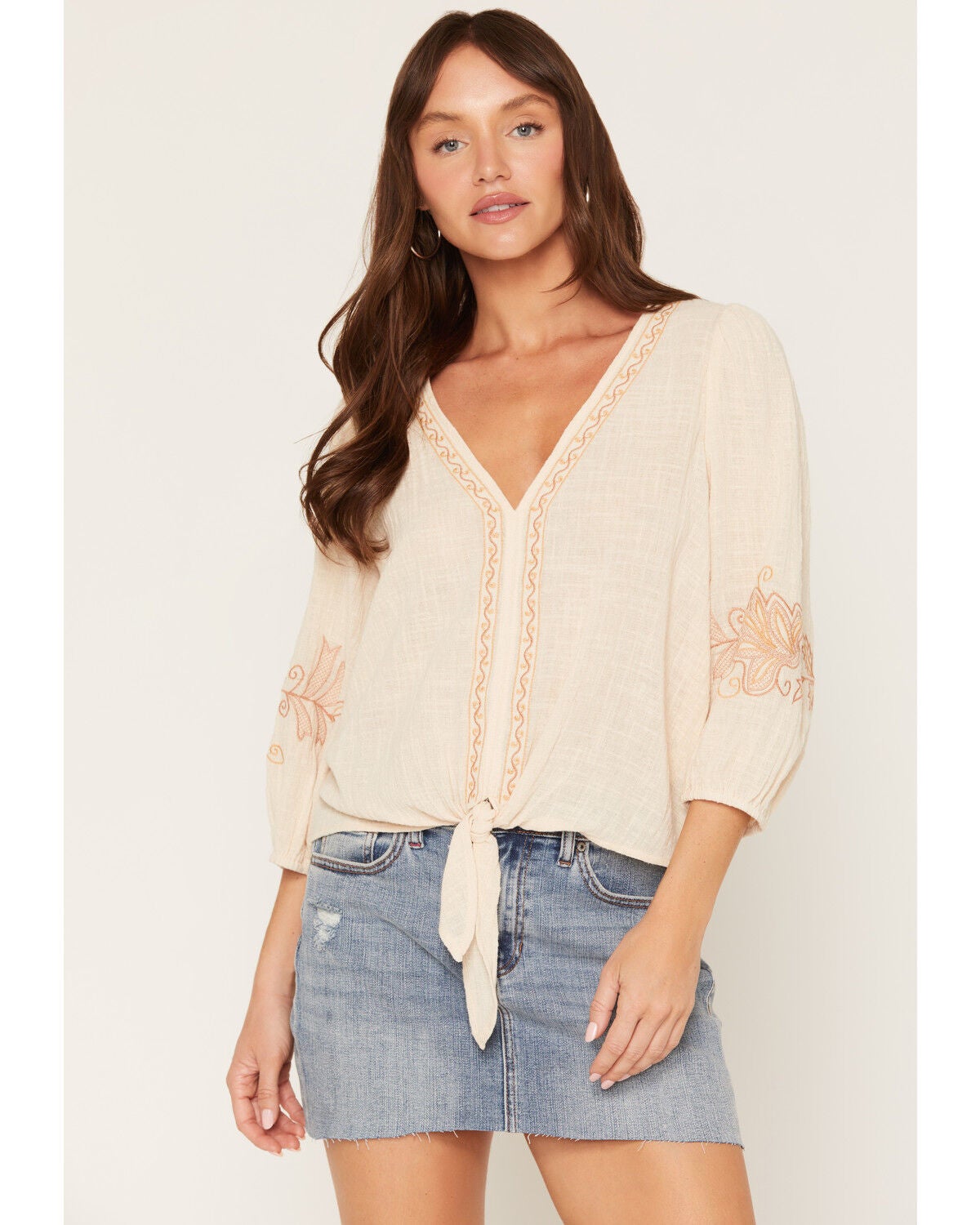 Lovestitch Women's Embroidered Long Sleeve Shirt, Peach, hi-res