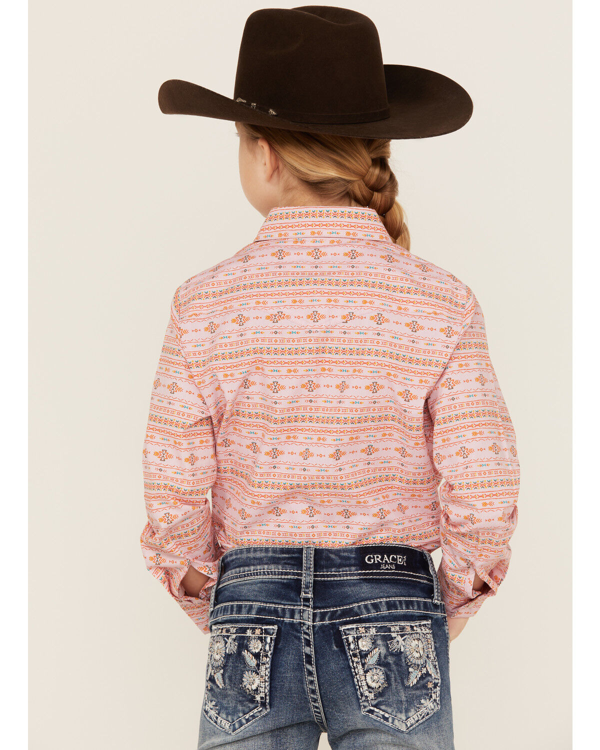 Image #4 - Panhandle Girls' Southwestern Print Long Sleeve Pearl Snap Western Shirt, Pink, hi-res