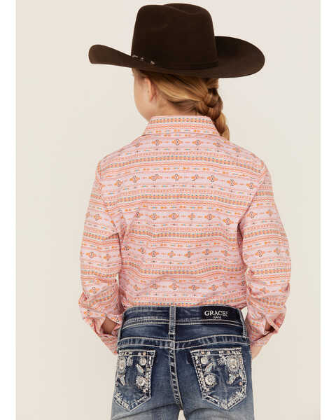 Panhandle Girls' Southwestern Print Long Sleeve Pearl Snap Western Shirt , Pink, hi-res