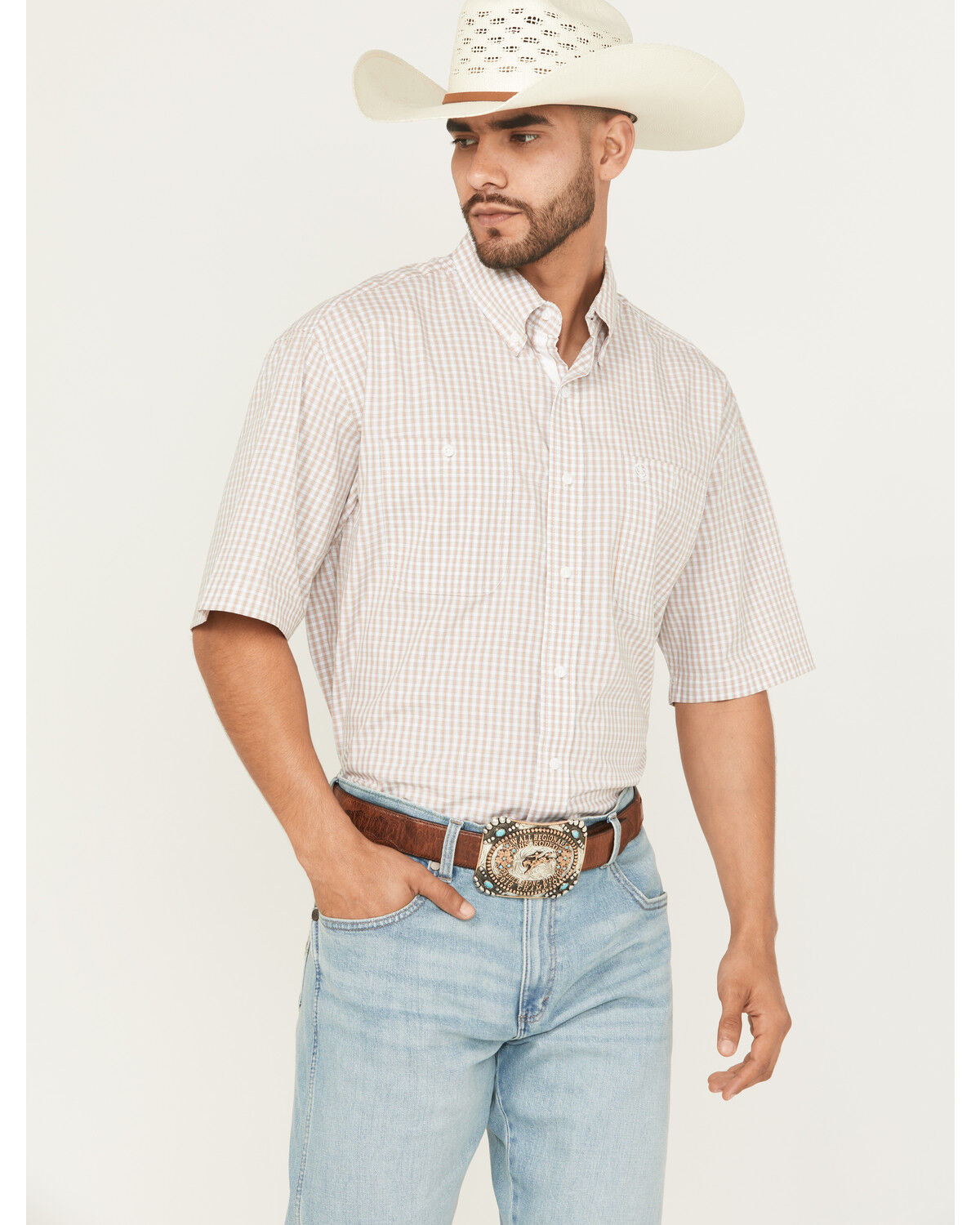 Image #1 - George Strait by Wrangler Men's Plaid Print Short Sleeve Button-Down Stretch Western Shirt, Multi, hi-res