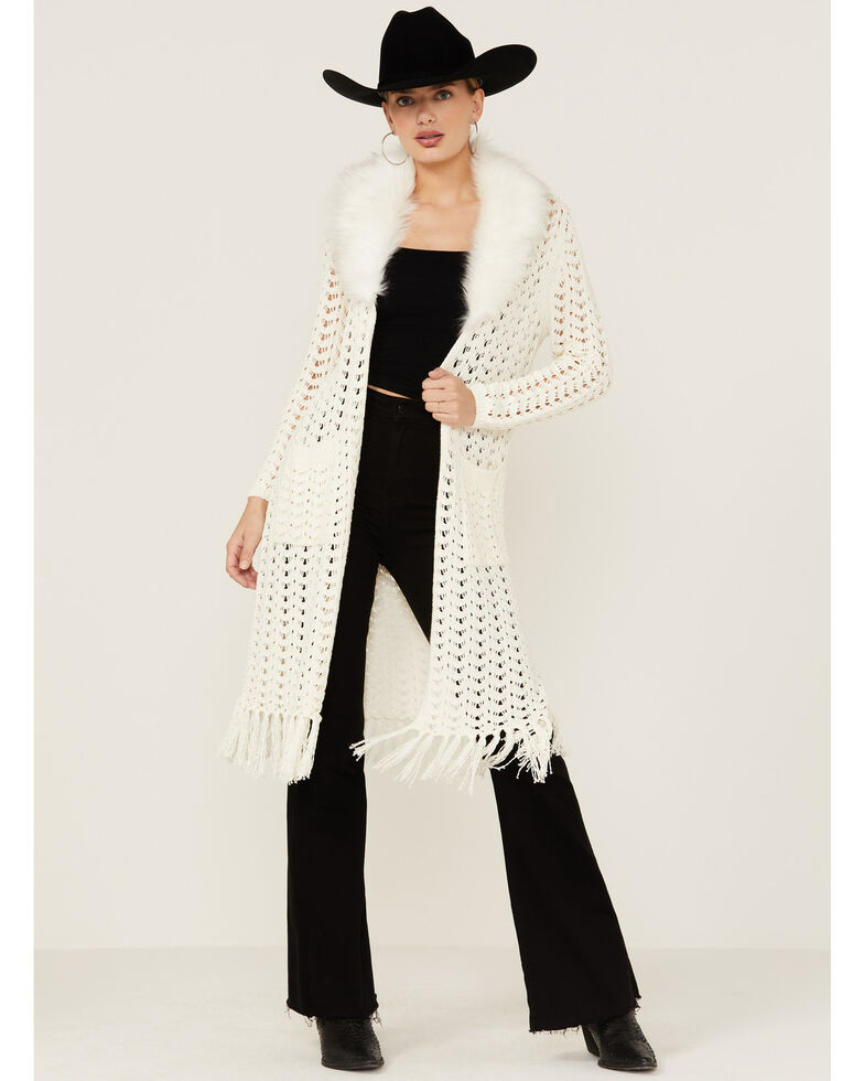 Shyanne Women's Ivory Faux Fur Trim Open Weave Lace Cardigan Duster, Ivory, hi-res