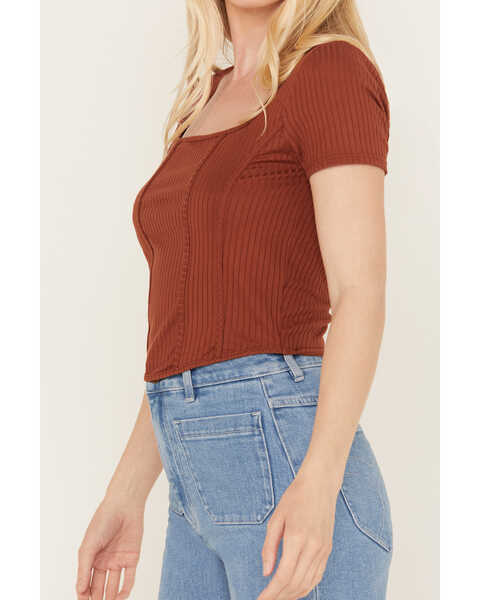 Image #3 - Moa Moa Women's Ribbed Corset Style Short Sleeve Top, Red, hi-res