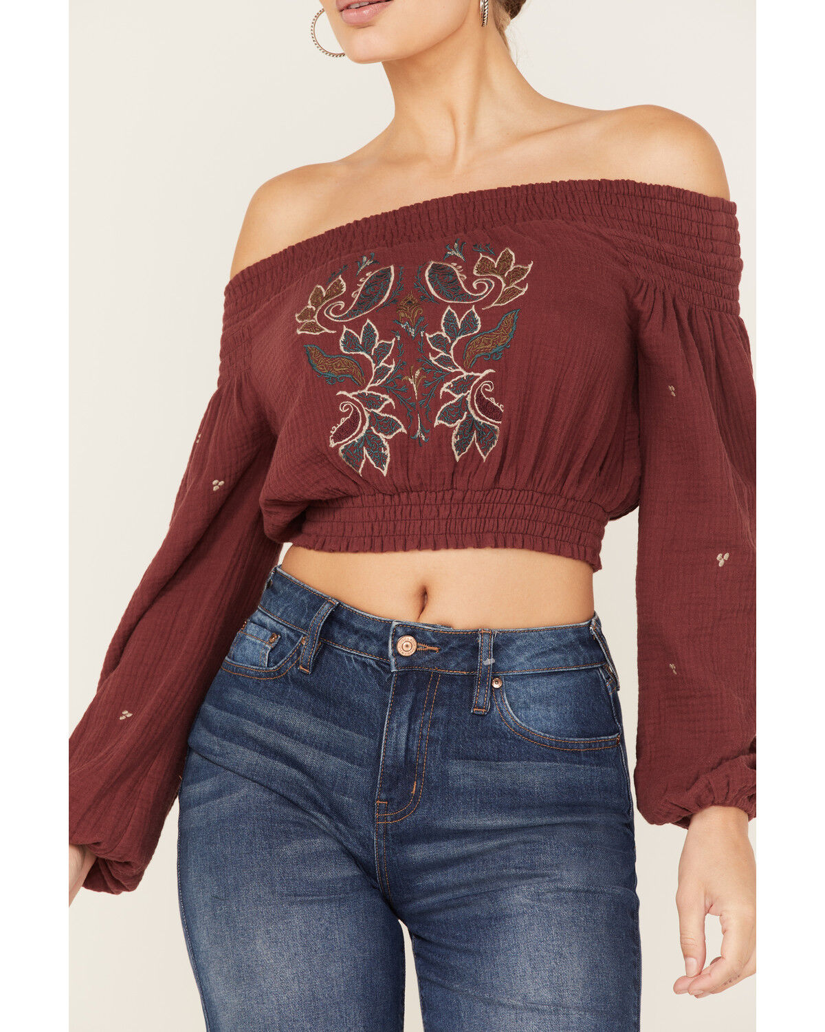Image #3 - Shyanne Women's Off-Shoulder Embroidered Crop Top, Wine, hi-res