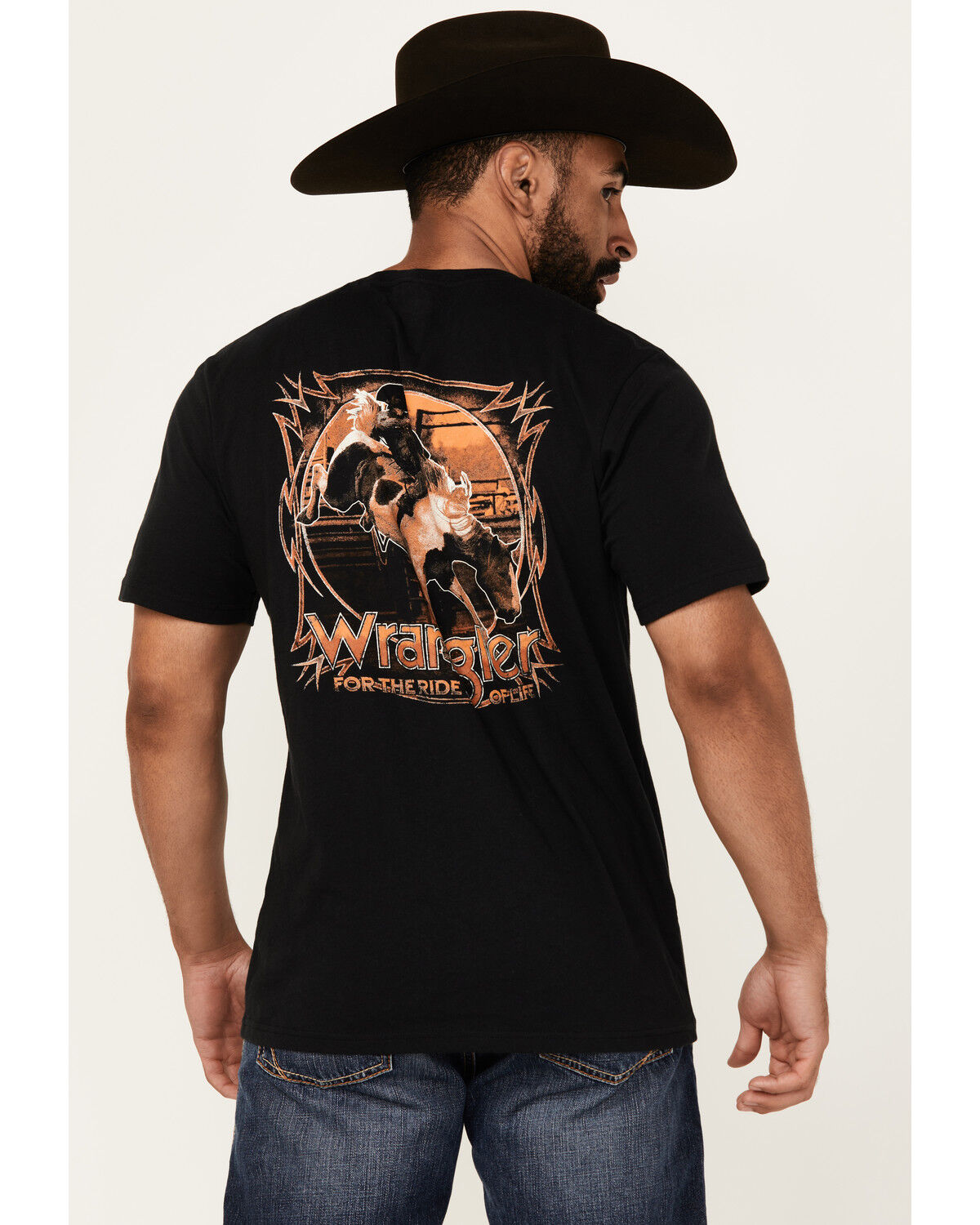 Image #1 - Wrangler Men's Boot Barn Exclusive Bucking Cowboy Short Sleeve Graphic T-Shirt, Black, hi-res