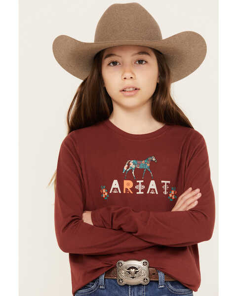 Image #1 - Ariat Girls' Blossom Pony Long Sleeve Graphic Tee, Brick Red, hi-res