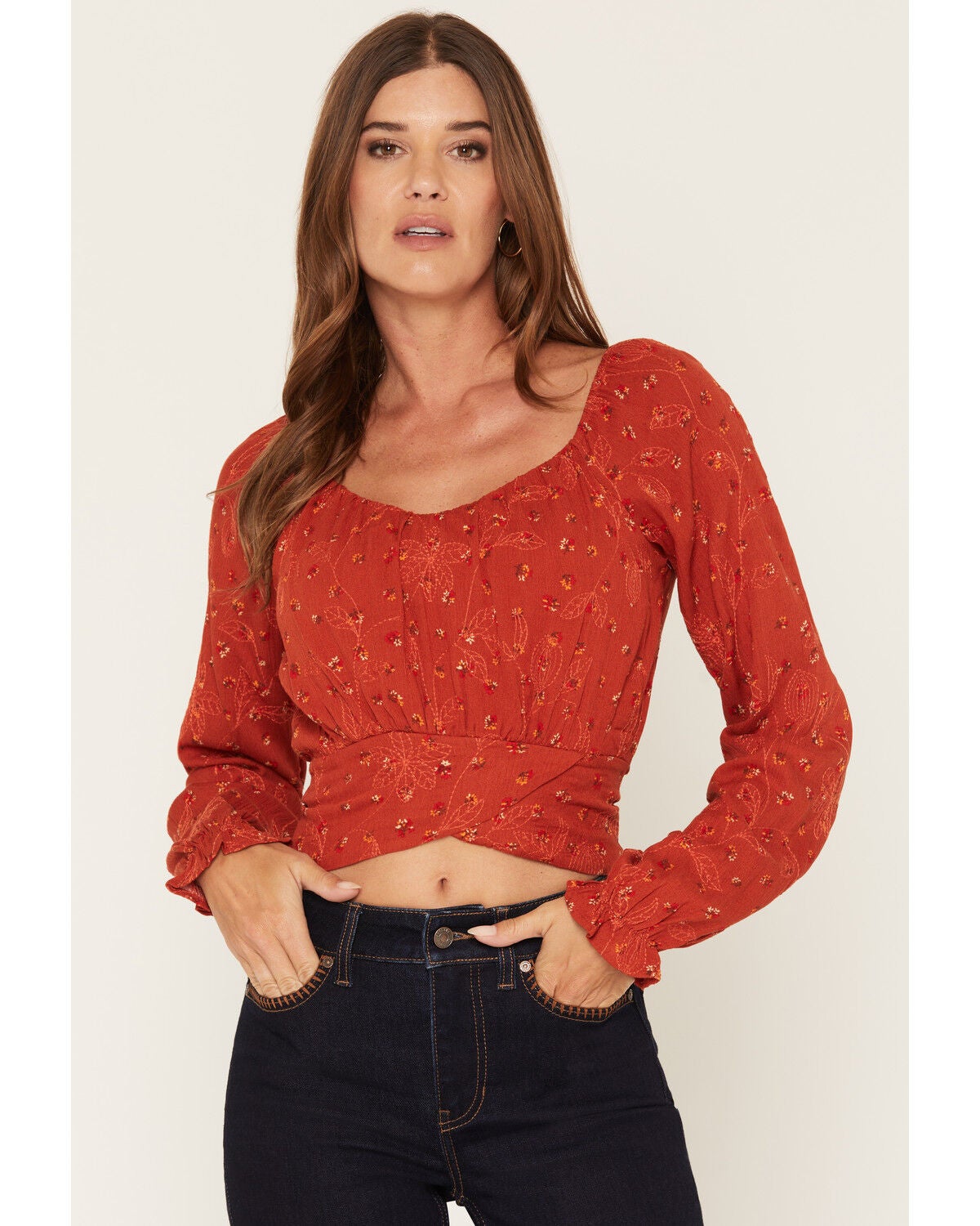 Image #1 - Wild Moss Women's Boot Barn Exclusive Floral Embroidered Tie-Back Top, Rust Copper, hi-res