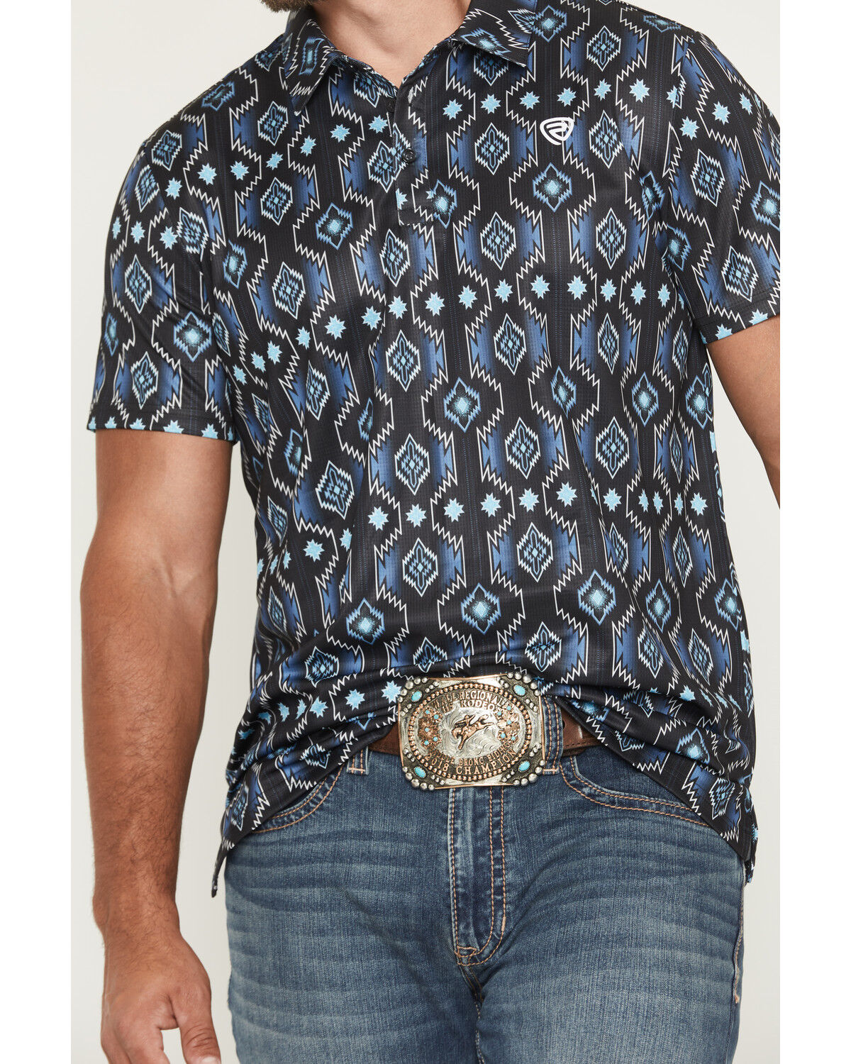 Image #3 - Rock & Roll Denim Men's Southwestern Print Short Sleeve Button-Down Stretch Polo Shirt, Blue, hi-res