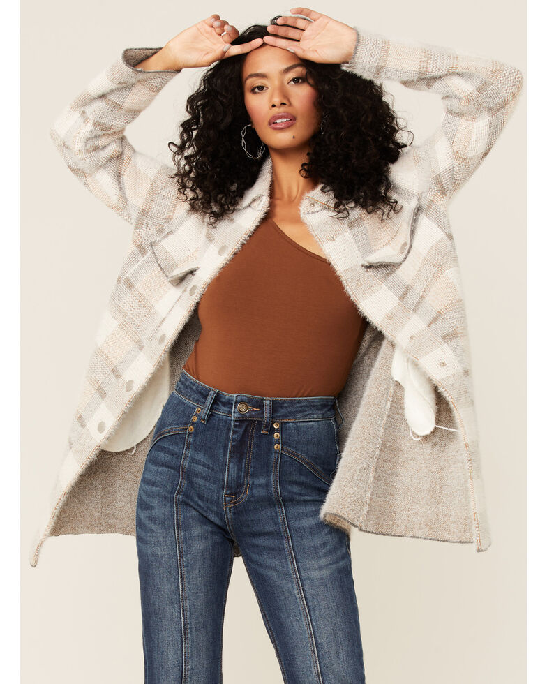 Rock & Roll Denim Women's Ivory & Grey Plaid Snap-Front Sweater, Grey, hi-res