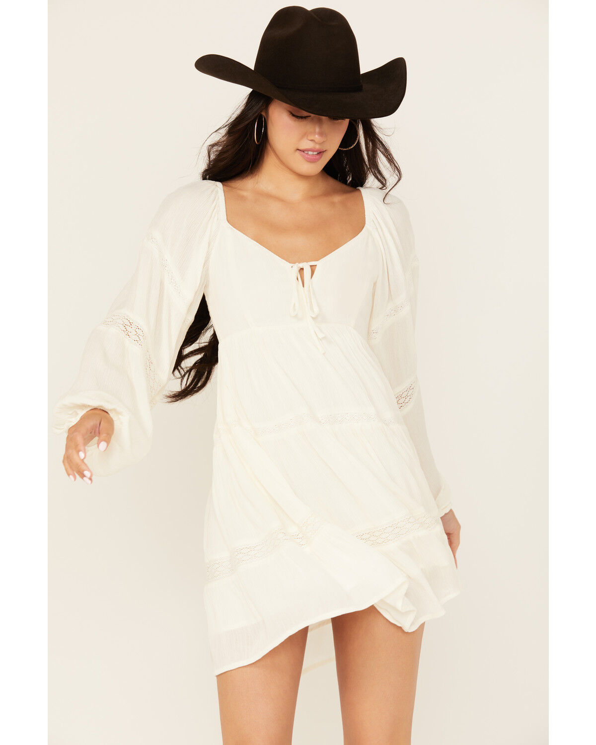 Image #1 - Jolt Women's Lace Trim Long Sleeve Tiered Mini Dress, Ivory, hi-res