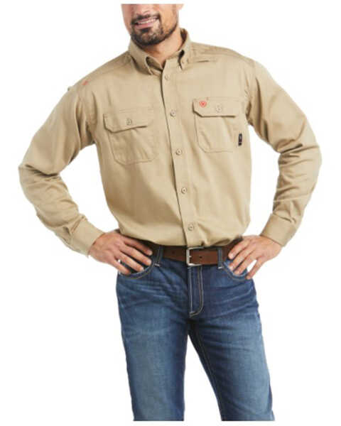 Image #1 - Ariat Men's FR Solid Long Sleeve Button Down Twill Work Shirt - Big , Beige/khaki, hi-res