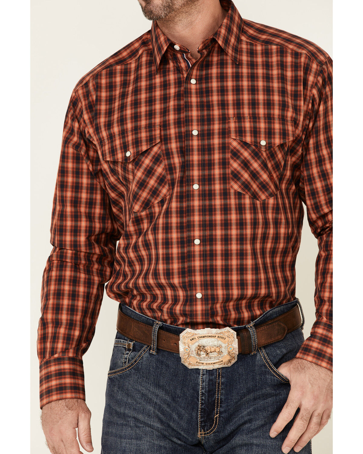 Image #3 - Ariat Men's Pepi Small Plaid Print Long Sleeve Snap Western Shirt, Orange, hi-res