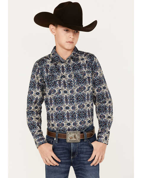 Cody James Boys' Print Long Sleeve Snap Western Shirt, Purple, hi-res