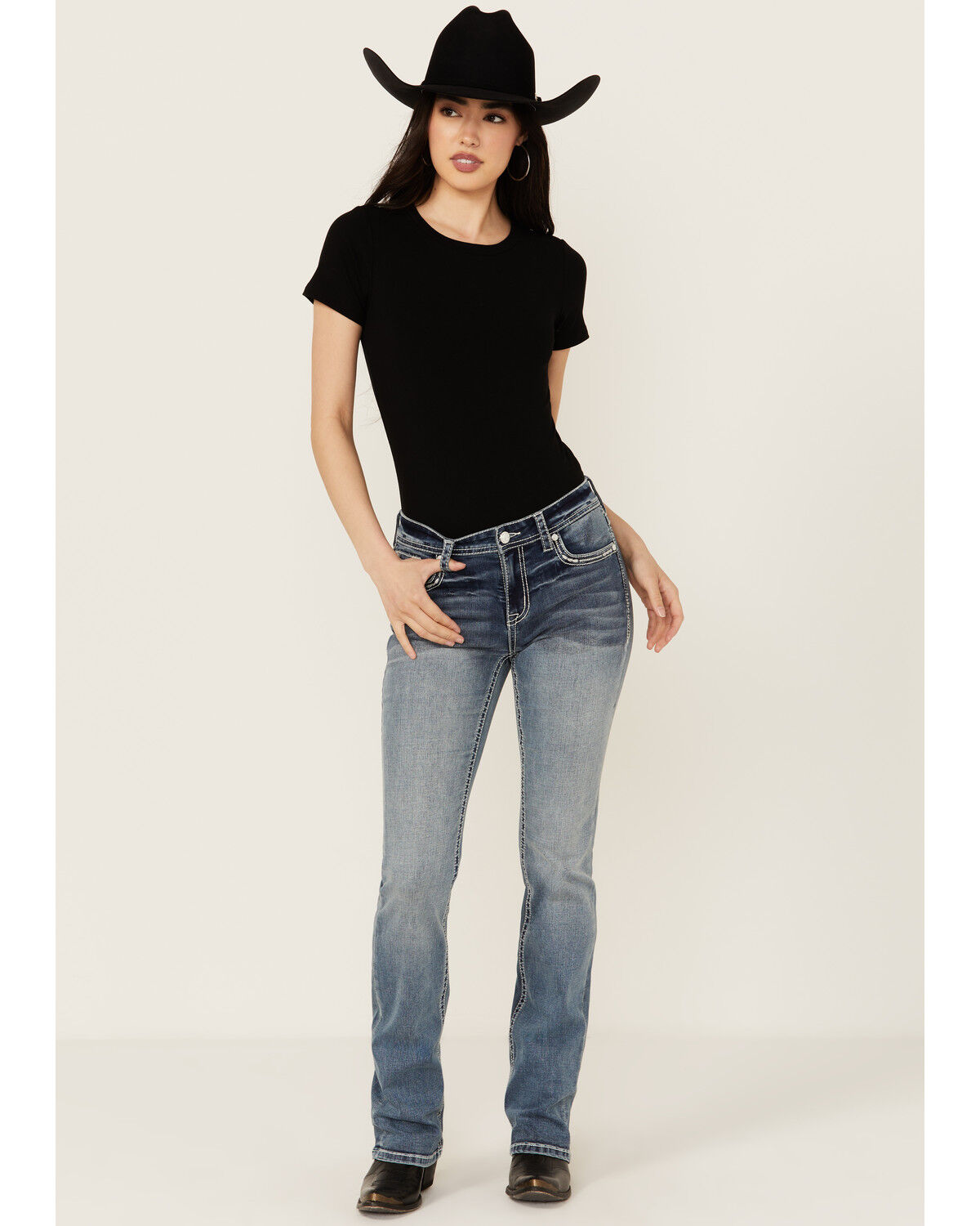 Image #3 - Grace In LA Women's Medium Wash Americana Fleur De Lis Mid Rise Bootcut Stretch Denim Jeans, Medium Wash, hi-res