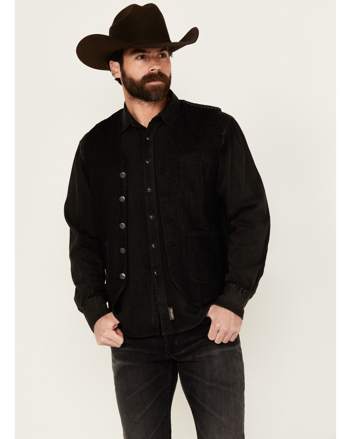 Image #1 - Moonshine Spirit Men's Innovator Pinstripe Denim Vest, Black, hi-res