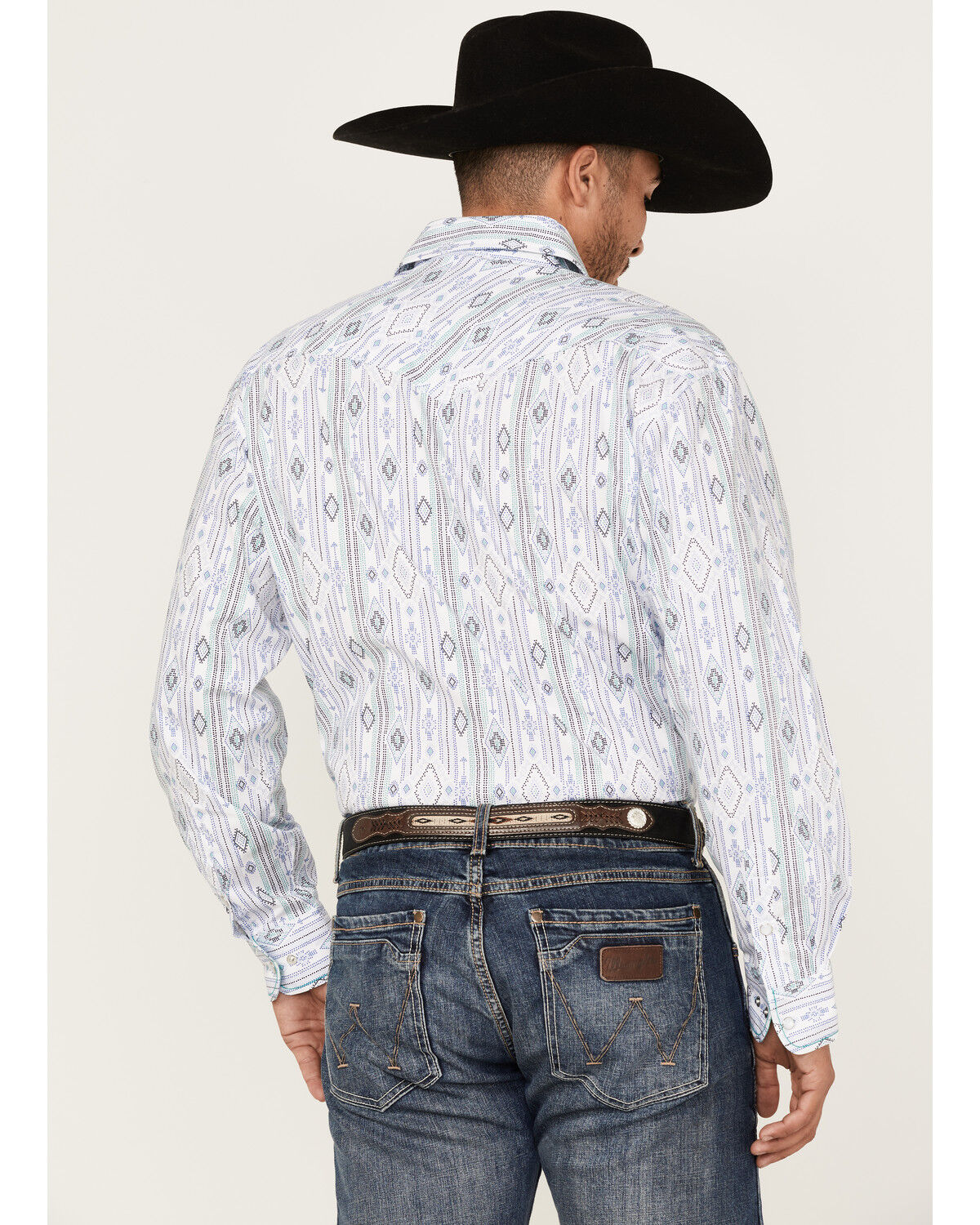 Image #4 - Rough Stock By Panhandle Men's Southwestern Dot Print Long Sleeve Pearl Snap Western Shirt, Royal Blue, hi-res
